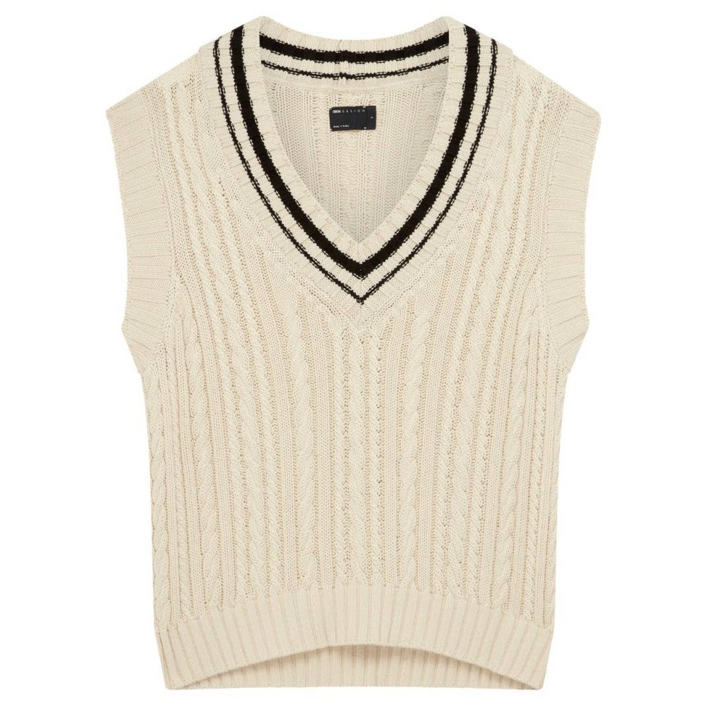 ASOS Design Unisex Cable Knit V Neck Sweater Vest Sleeveless Ivory Black Medium